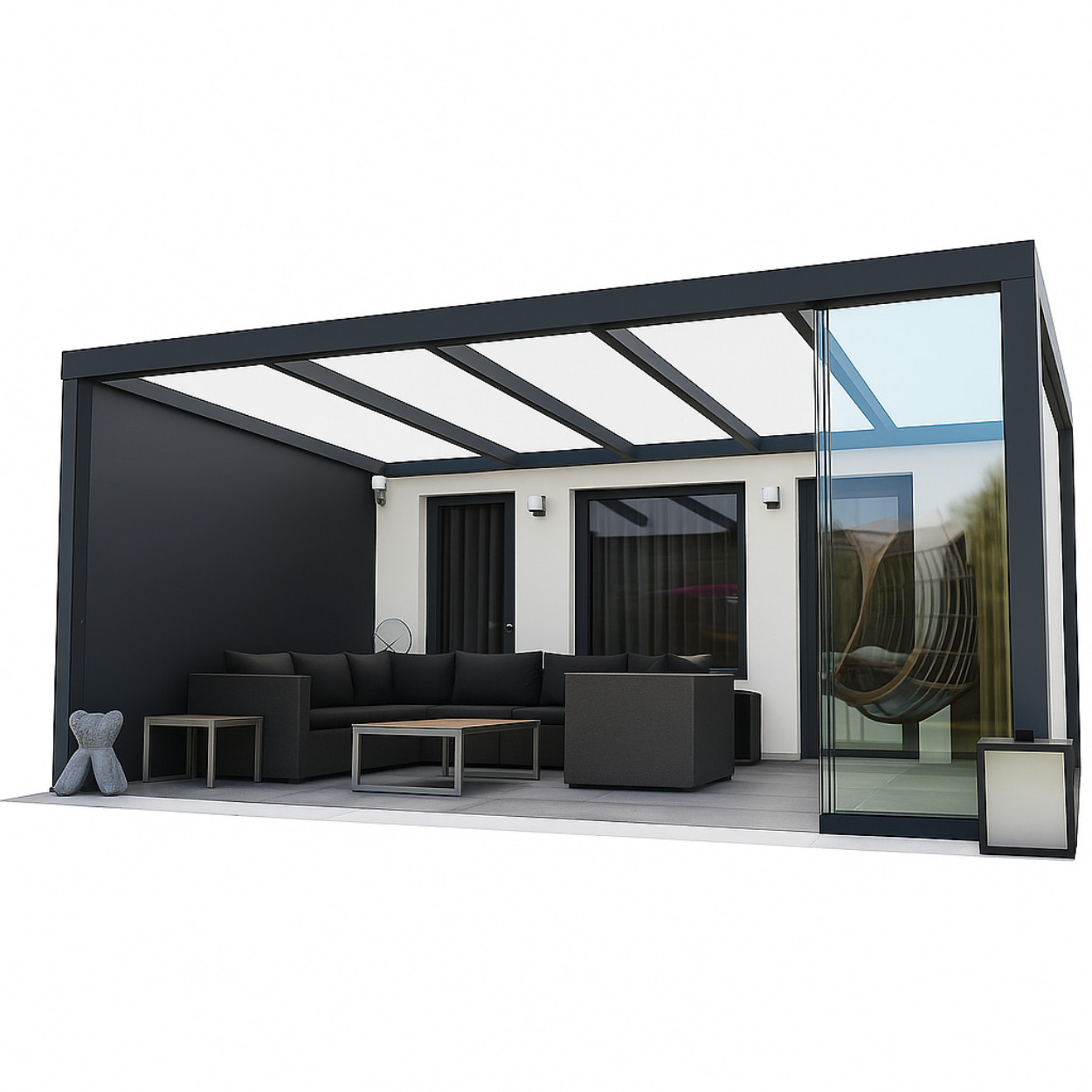 MB Line Aluminium Veranda Zwart met Glazen dak, Vaste Zijwanden &amp; Schuifwanden